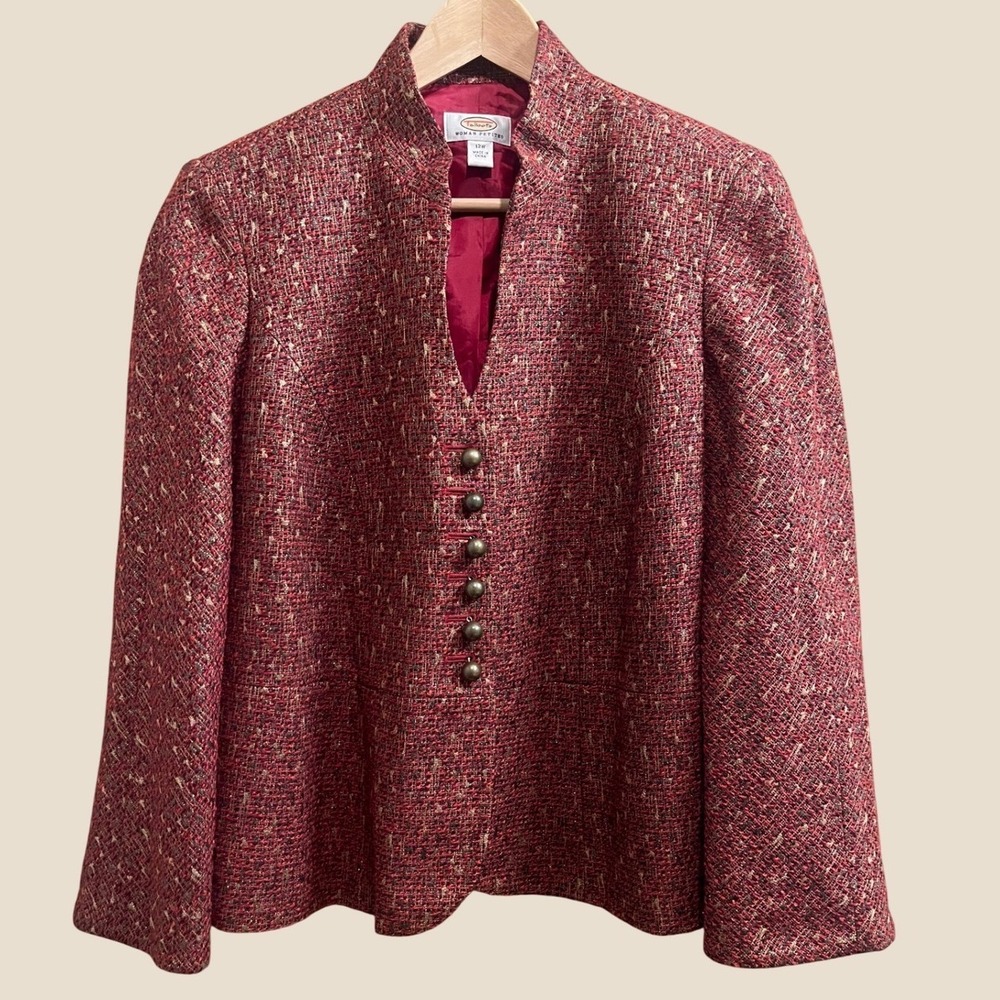 Talbots Blazer Woman Petites 12W Red Gold Metallic Tweed Mandarin Collar Jacket
